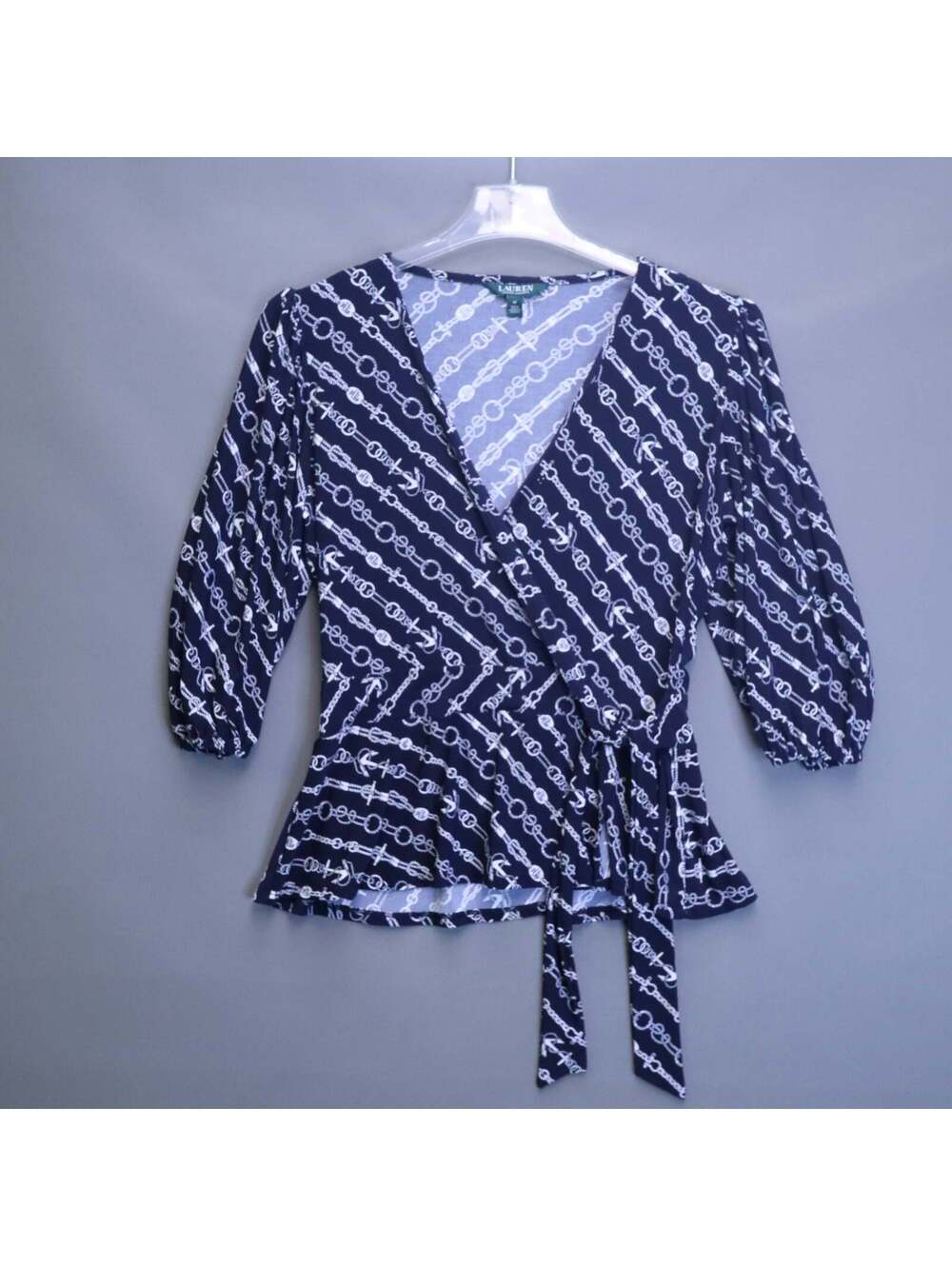 Lauren Ralph Lauren Navy Chain Anchor Nautical Wrap Blouse Womens Medium Tie